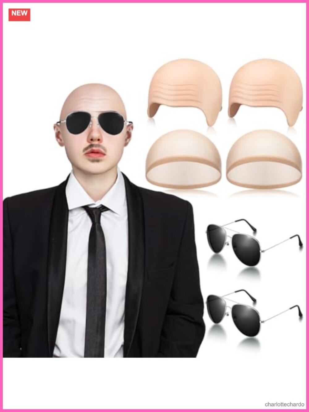 Latex Wrinkle Bald Cap Set with Glasses & Hair Nets Halloween Cosplay